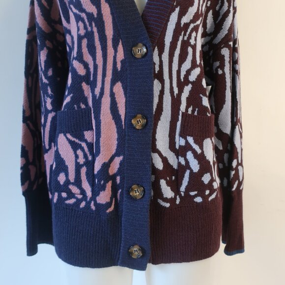 Women Alivia Blue Pink Leopard Alpaca Wool Knit V-Neck Cardigan Sweater L - Picture 5 of 10
